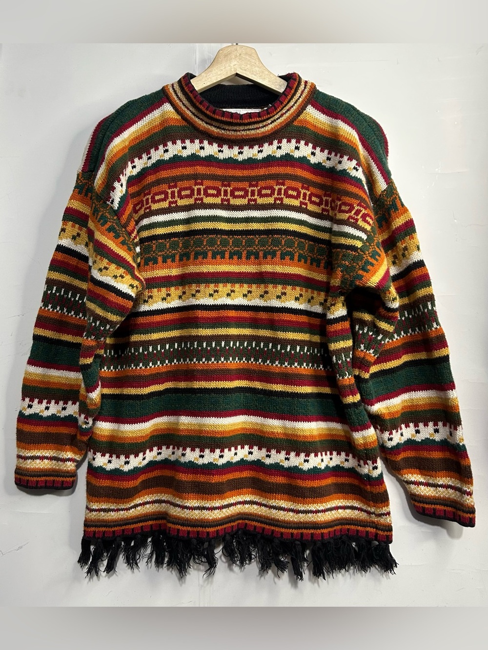 RARE Coach+Camel VTG Y2K Fringe Hem Cable Knit Boho Sweater Medium